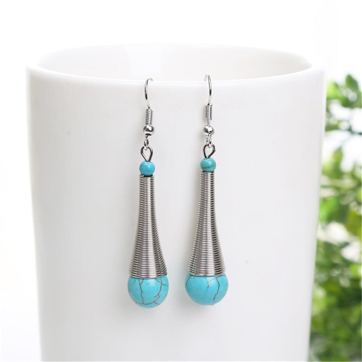 Turquoise & Silvertone Teardrop Drop Earrings