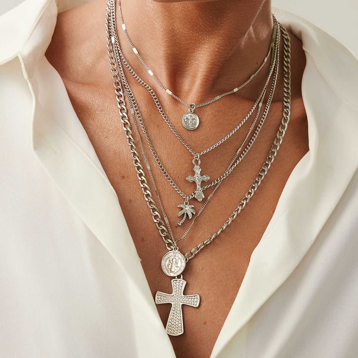 Silvertone Palm Tree & Cross Pendant Necklace Set