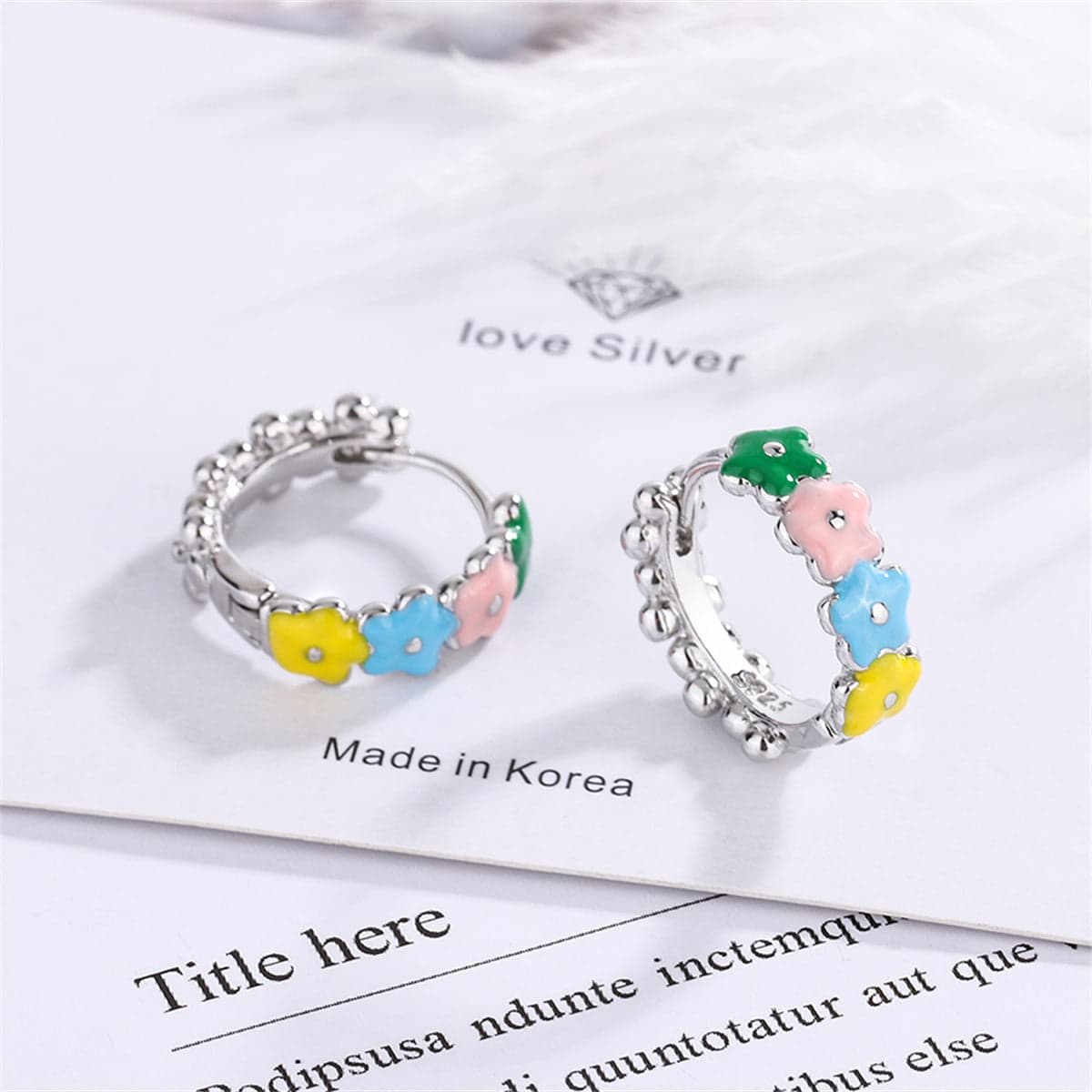 Pink & Yellow Enamel Silvertone Flower Huggie Earrings