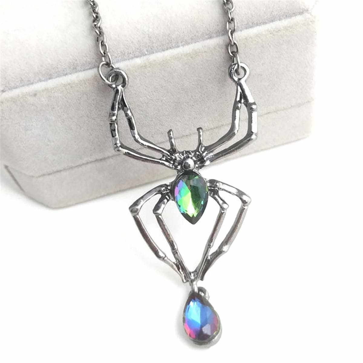 Crystal & Silvertone Spider Pendant Necklace