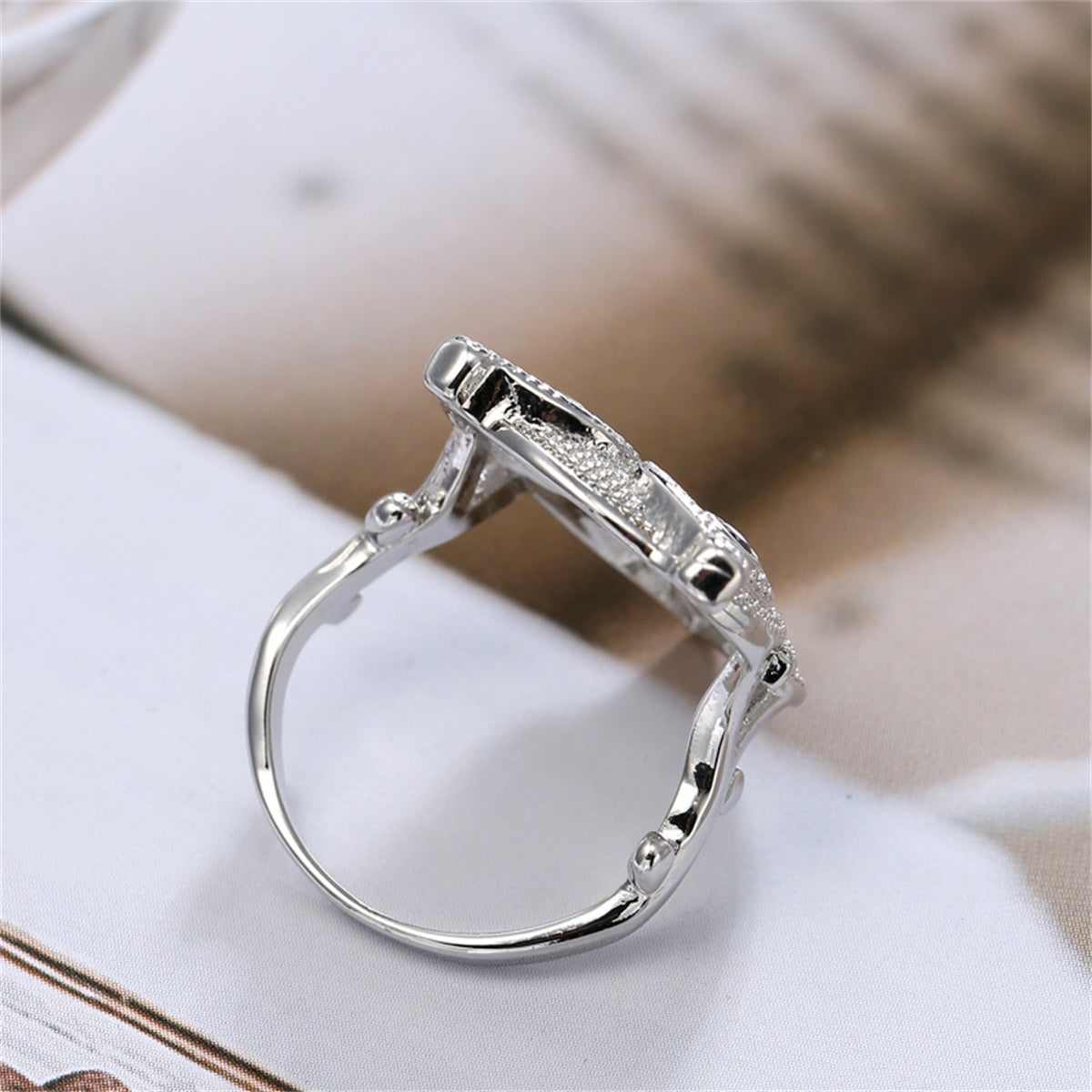 Cubic Zirconia & Silvertone Owl Ring-4