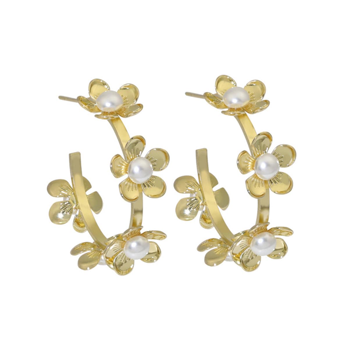 Pearl & Goldtone Floral Hoop Earrings