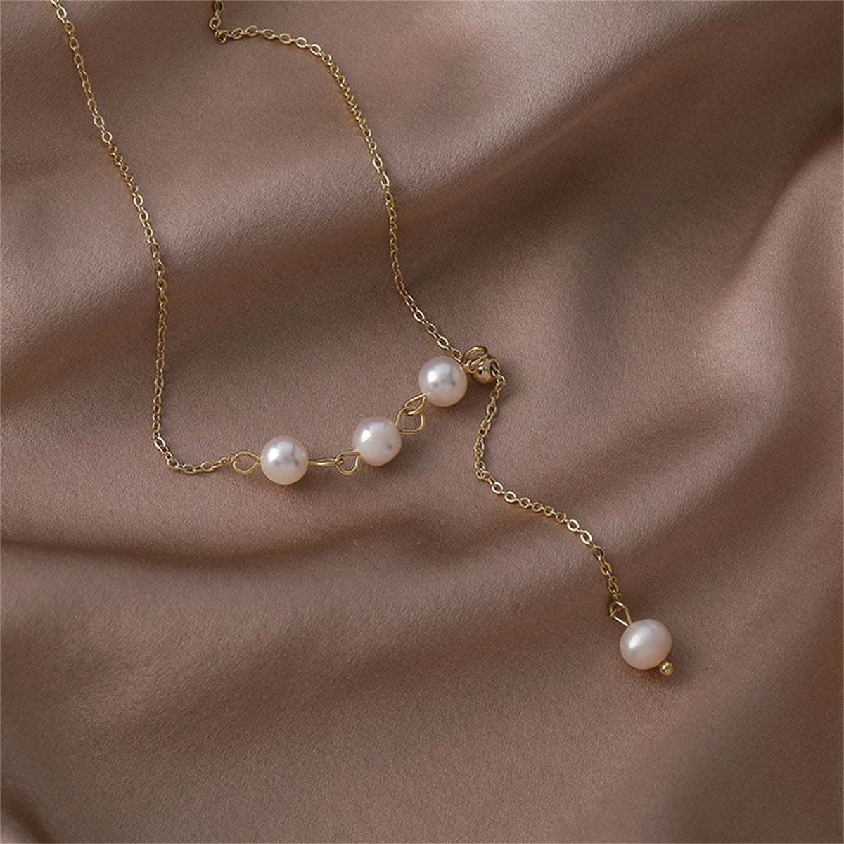 Pearl & Goldtone Round Cable Chain Lariat Necklace