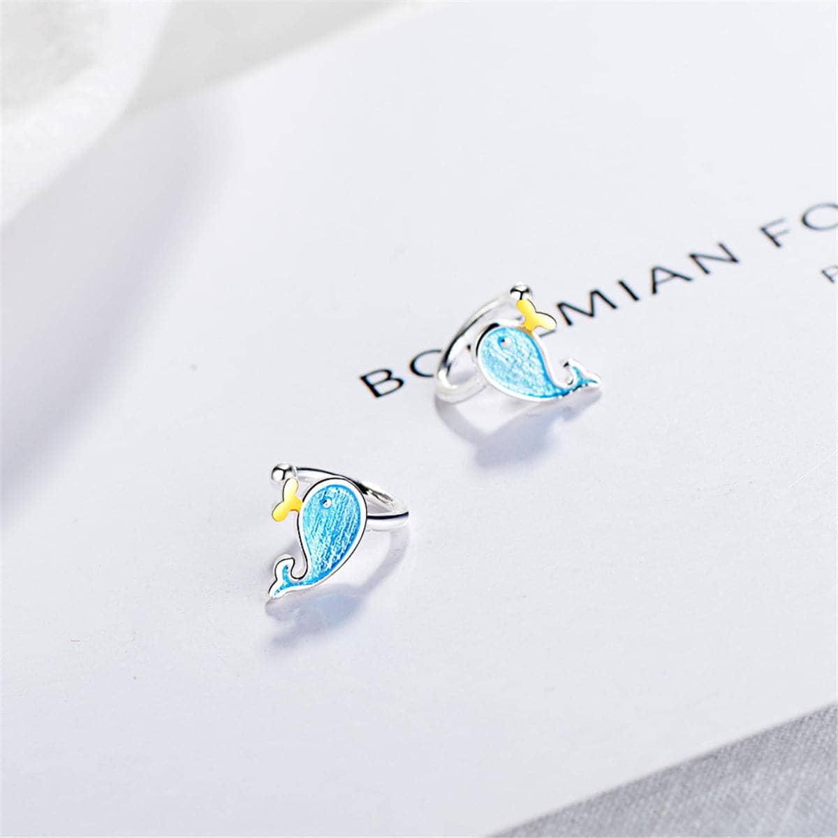 Blue Enamel & Silvertone Whale Stud Earrings