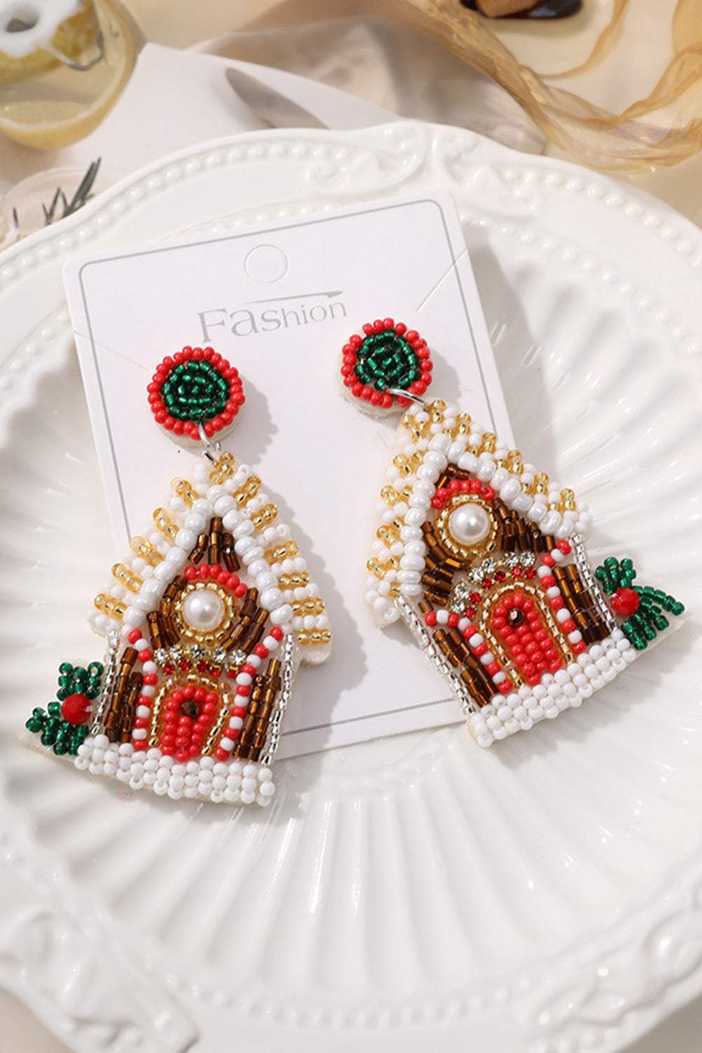 White Christmas Style House Beaded Stud Dangle Earrings - White / ONE SIZE