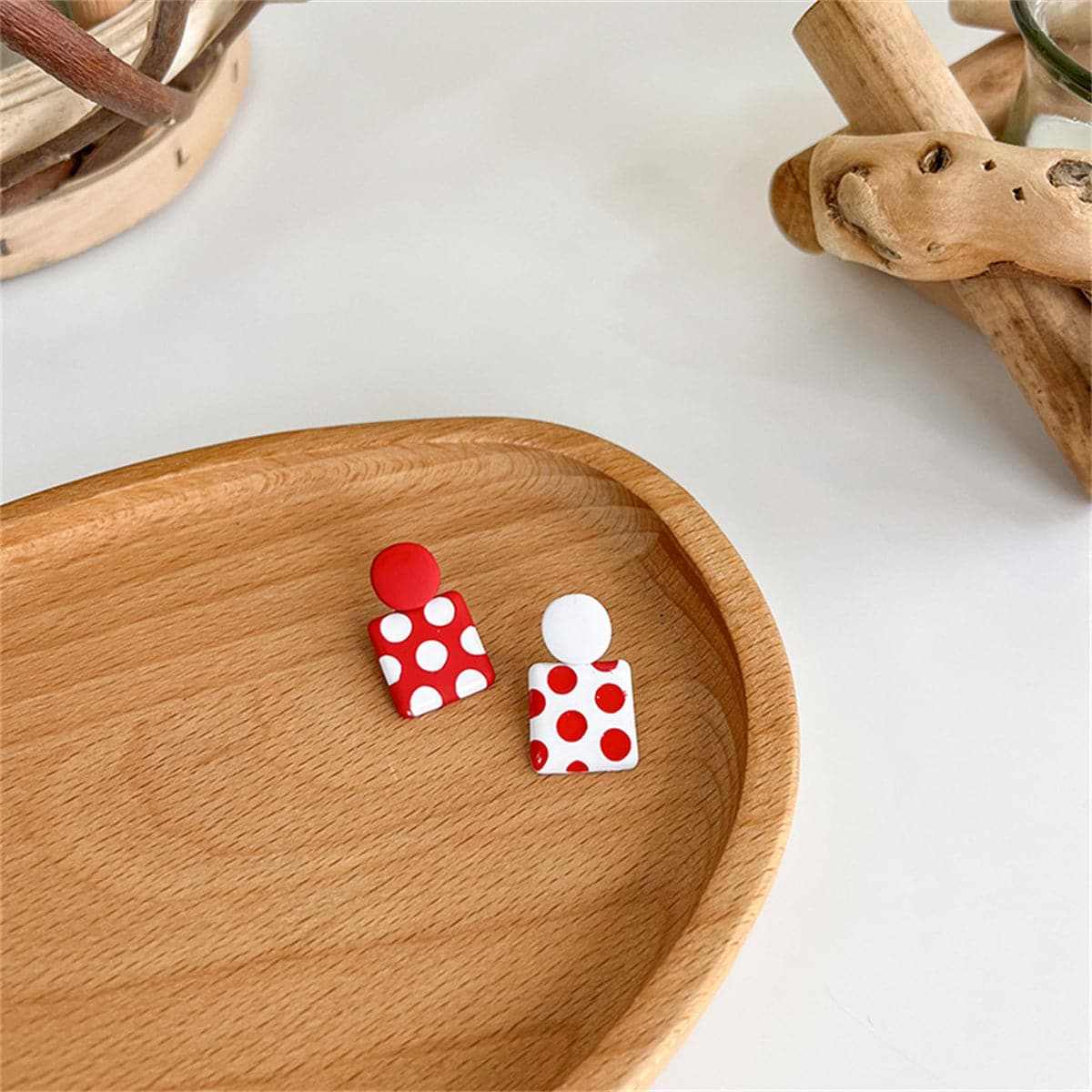 Red Enamel & Silvertone Spot Square Drop Earrings