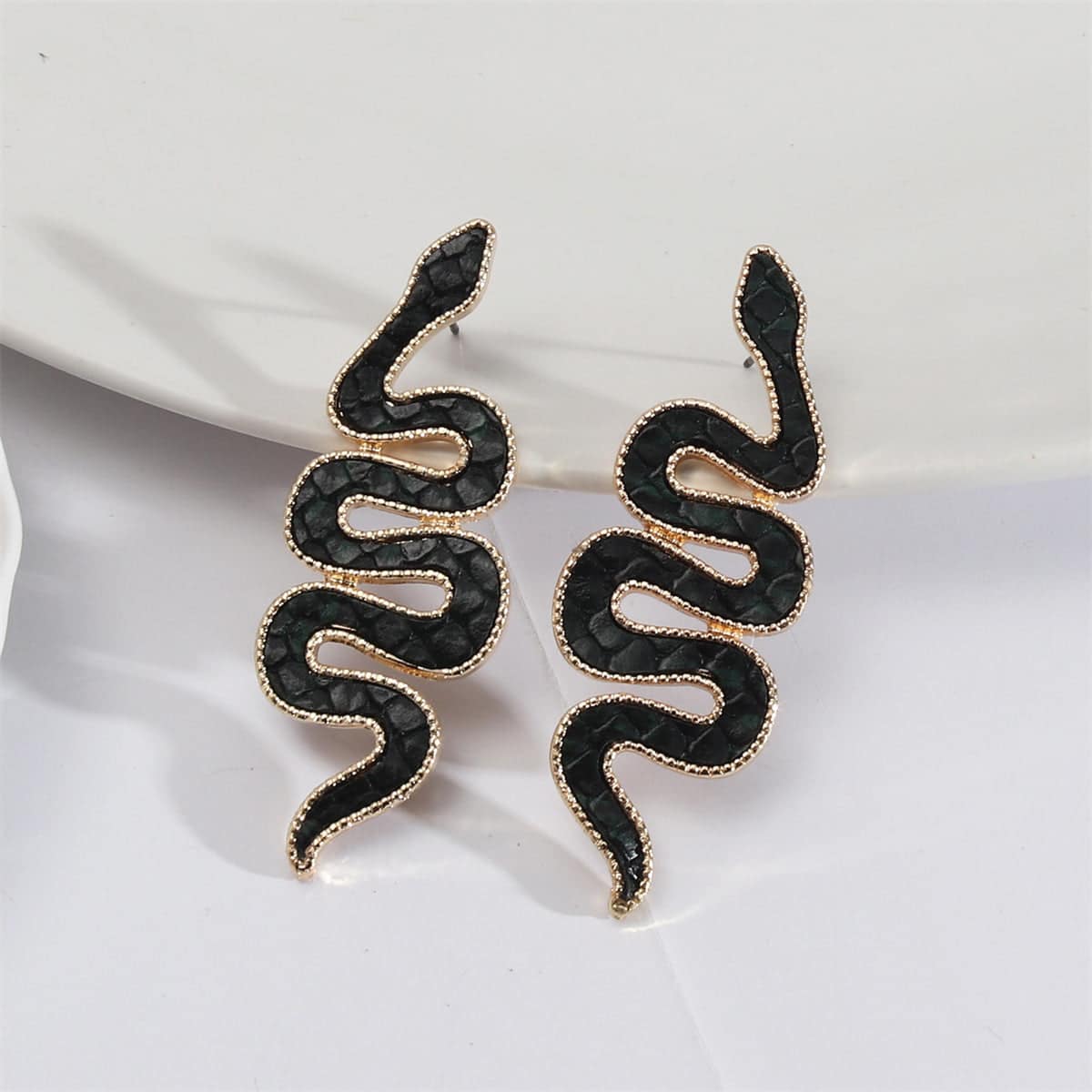 Dark Green Polyurethane & Goldtone Snake Drop Earrings