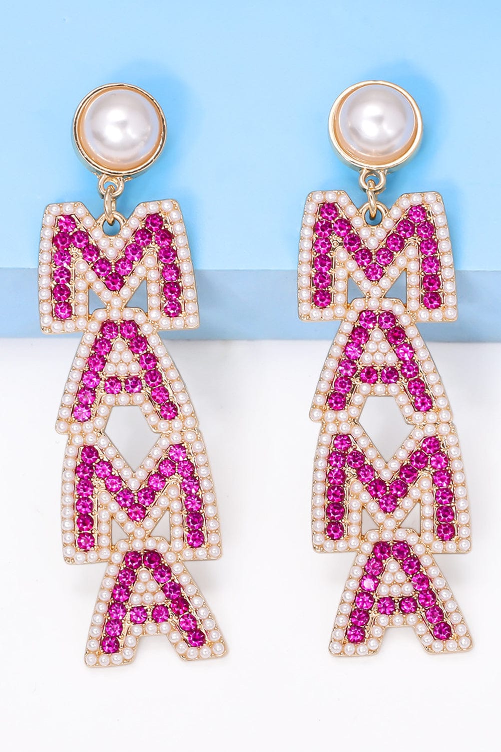 Threaded Pear MAMA Rhinestone Pearl Dangle Stud Earrings