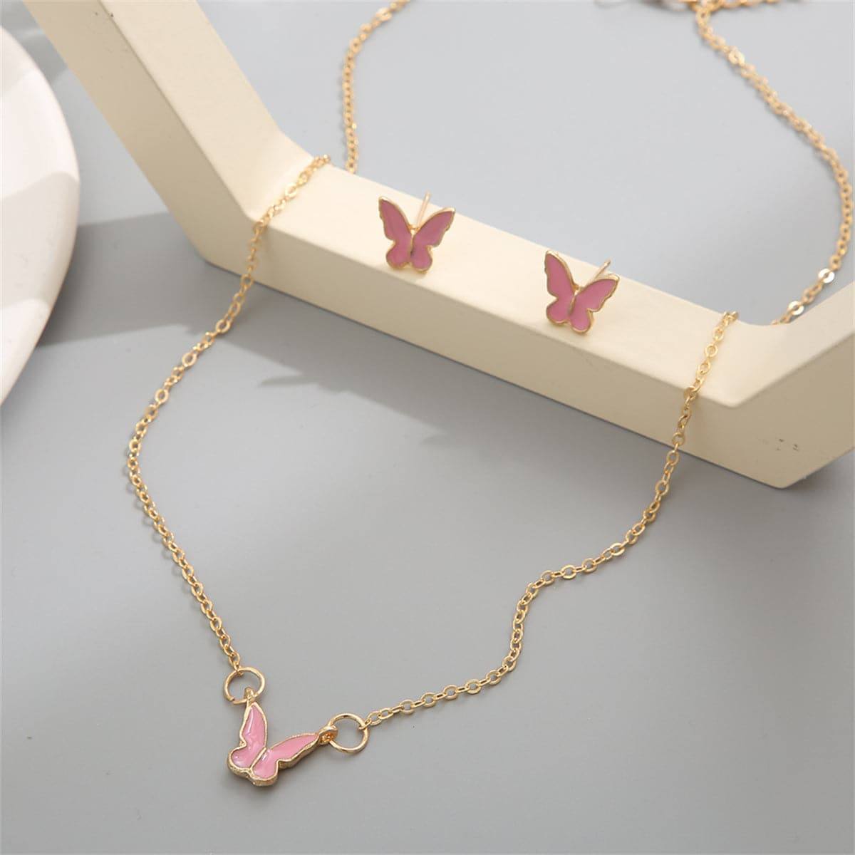Pink Enamel & Goldtone Butterfly Pendant Necklace & Stud Earrings