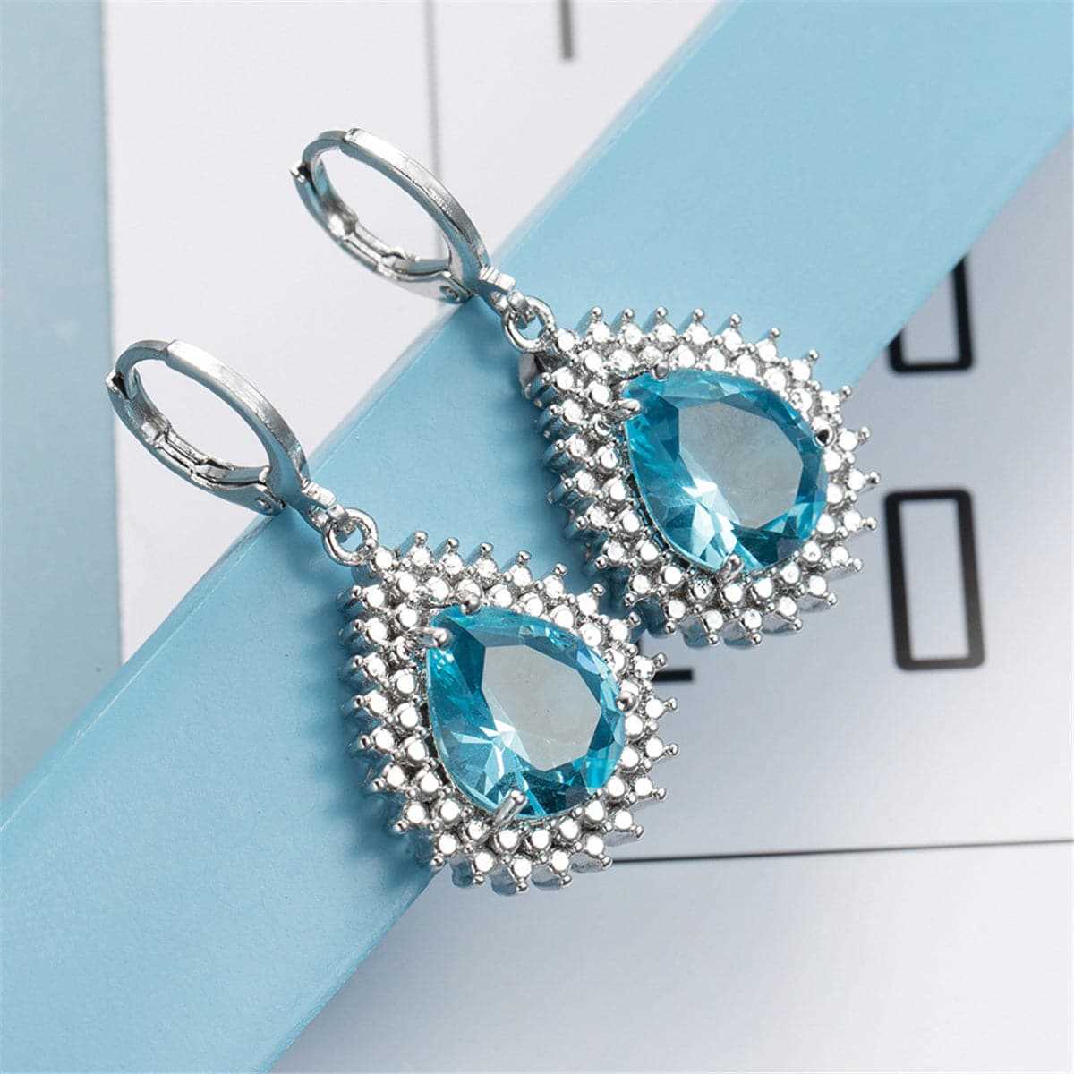 Blue Crystal & Silvertone Pear-Cut Halo Drop Earrings