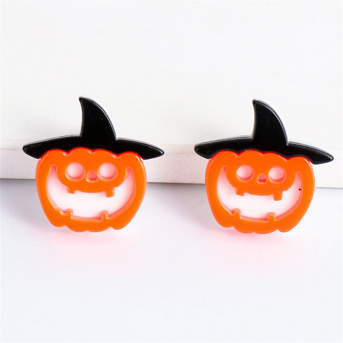 Orange Acrylic & Silvertone Pumpkin Witch Stud Earrings