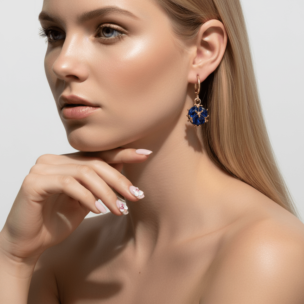 Blue Crystal & Goldtone Ball Huggie Earrings