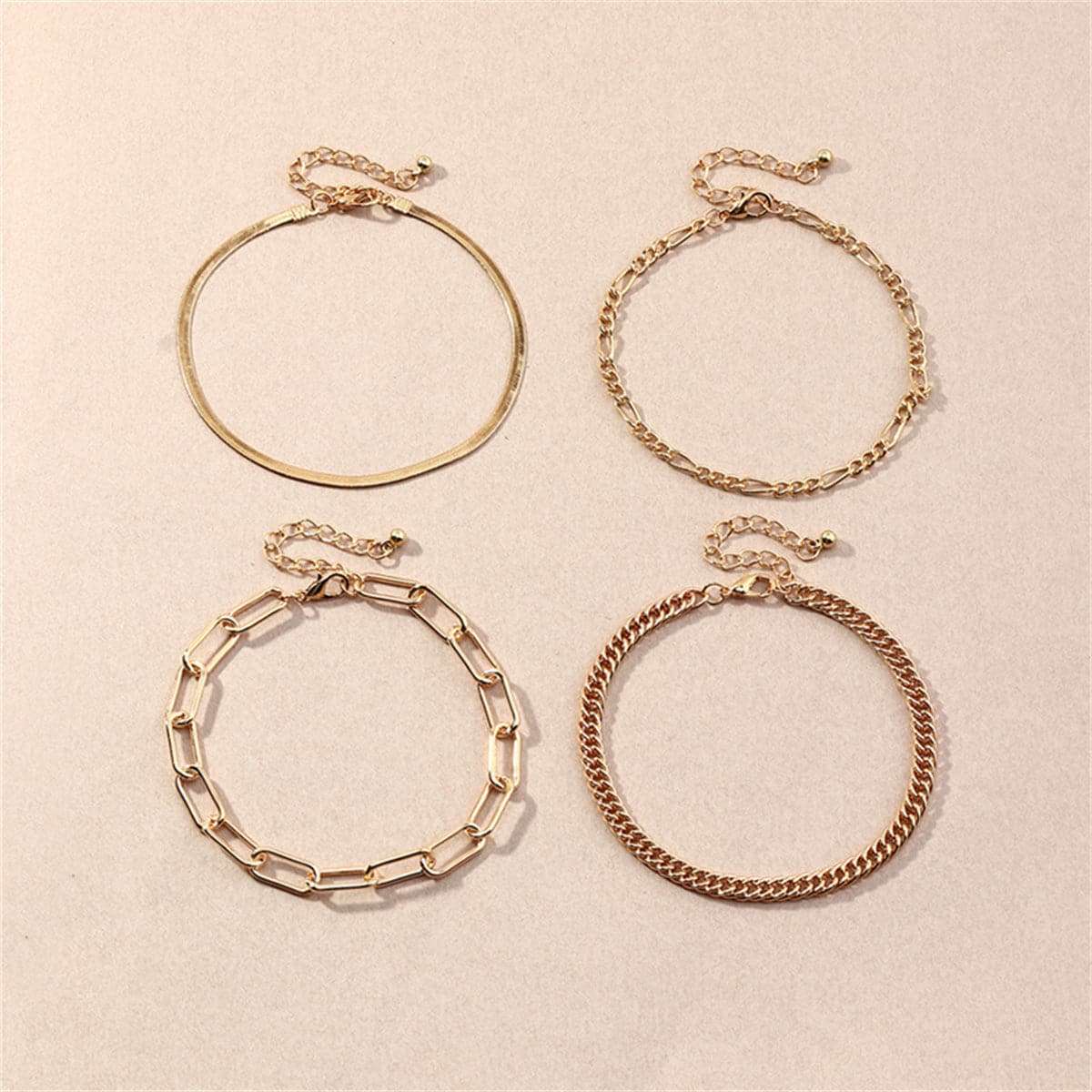 Goldtone Figaro & Snake Chain Anklet Set