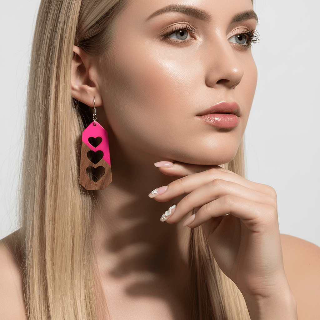 Rose Resin & Wood Silvertone Graduated Heart Hook Earrings