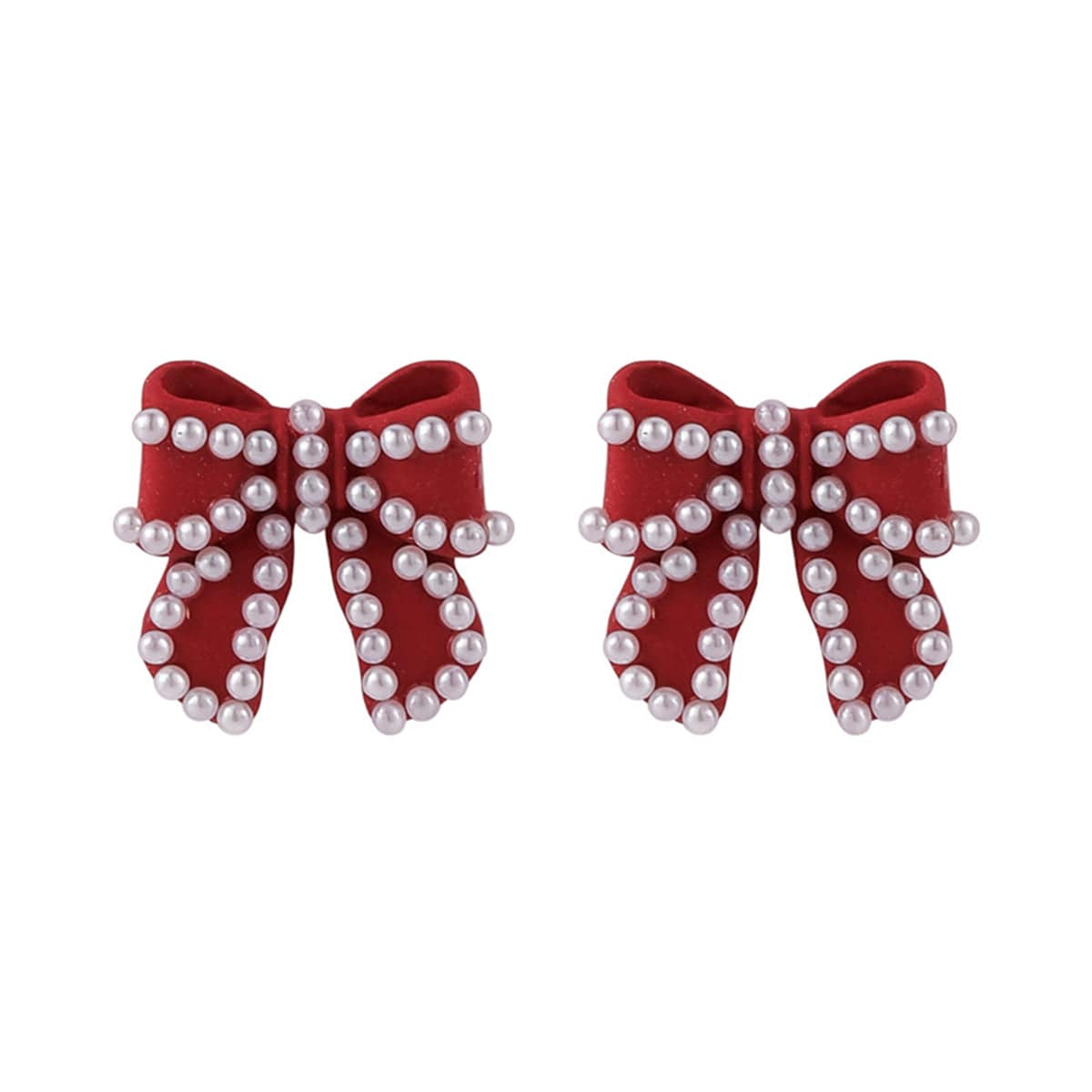 Pearl & Red Enamel Silvertone Bow Stud Earrings