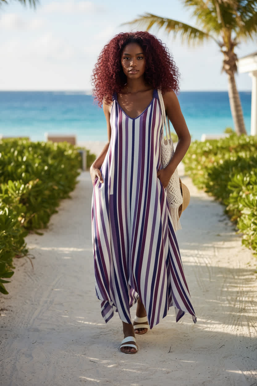 Lily by Firmiana Women’s Sleeveless V-Neck Handkerchief Hem Maxi Dress Women’s Apparel Purple White Vertical Stripe Print Purple White / S