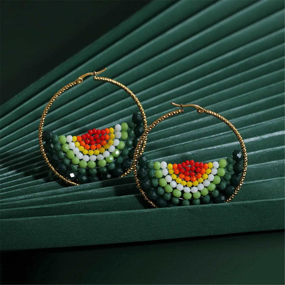 Rainbow Acrylic & Goldtone Beaded Hoop Earrings