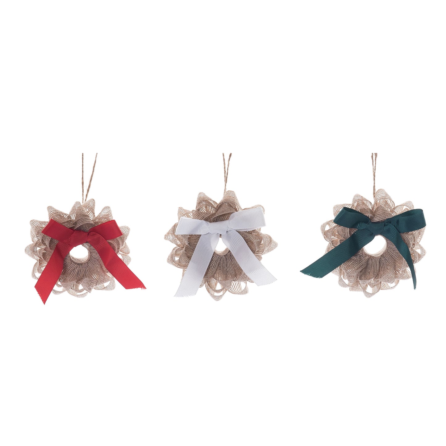Burlap Ribbon Wreath Ornament Set of 3 Christmas Home Decorations Tree Ornaments Burlap Holiday Decor