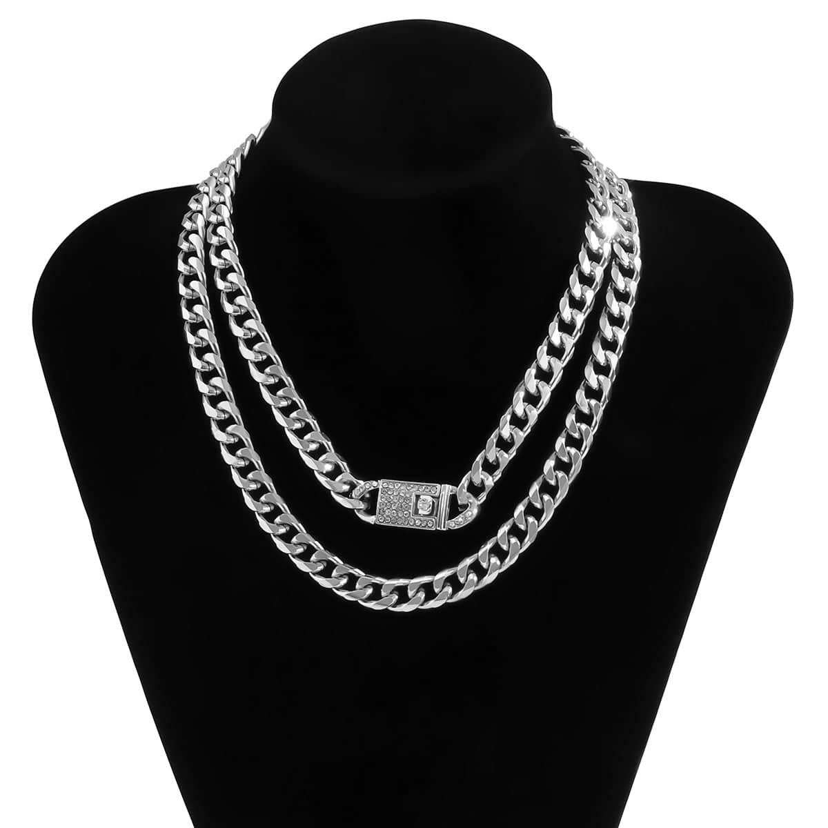 Cubic Zirconia & Silvertone Figaro Lock Chain Necklace Set
