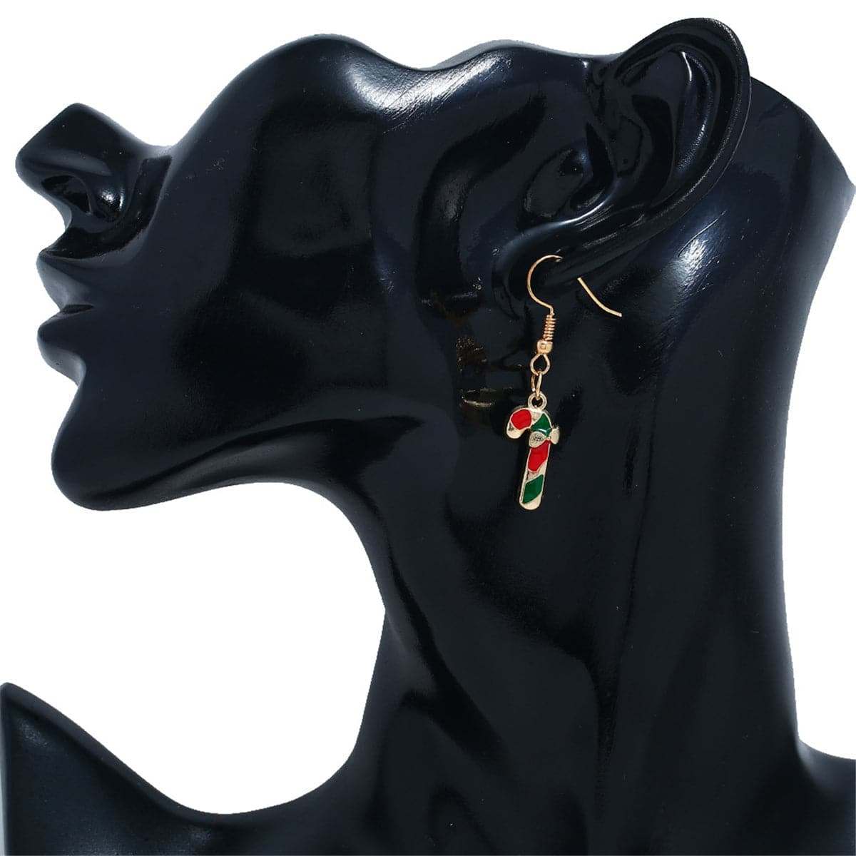 Green & Goldtone Candy Cane Crutch Drop Earrings