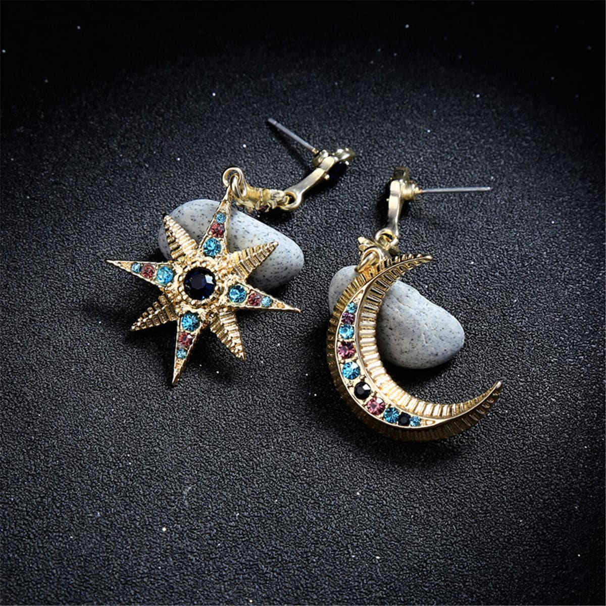 Red & Blue Cubic Zirconia Asymmetrical Space Drop Earrings