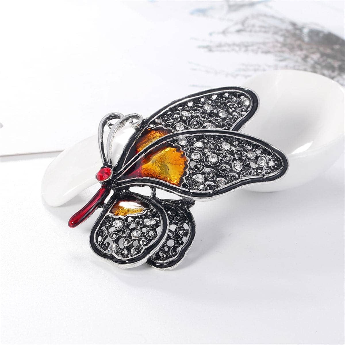 Red Cubic Zirconia & Silvertone Butterfly Brooch