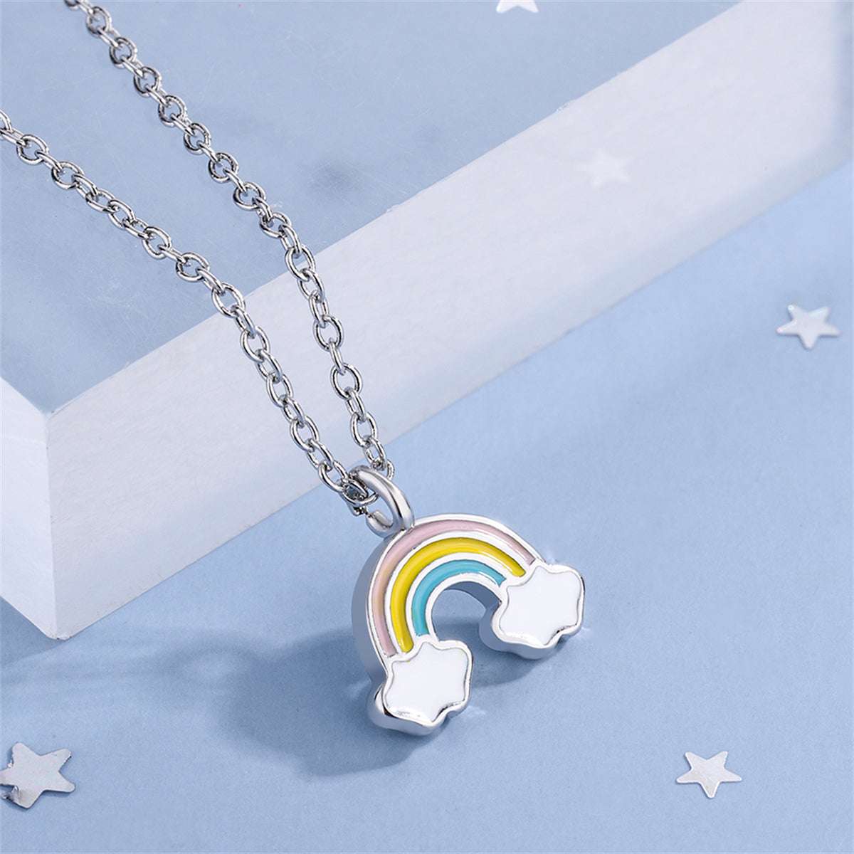 Enamel & Silvertone Rainbow Pendant Necklace