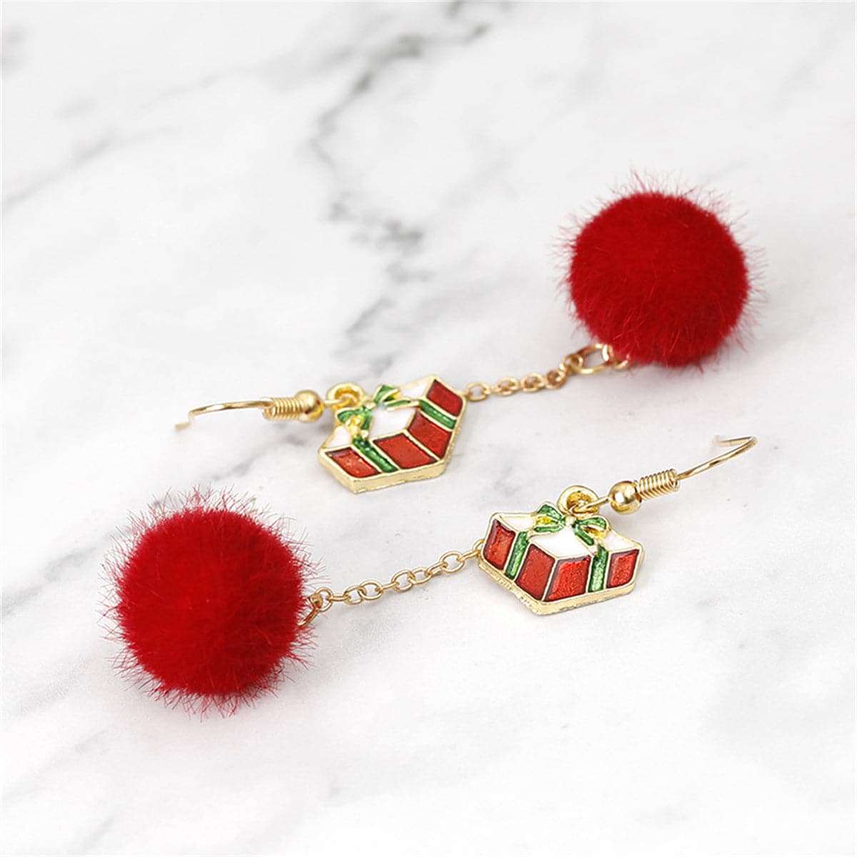 Red Enamel & Goldtone Pom-Pom Gift Drop Earrings