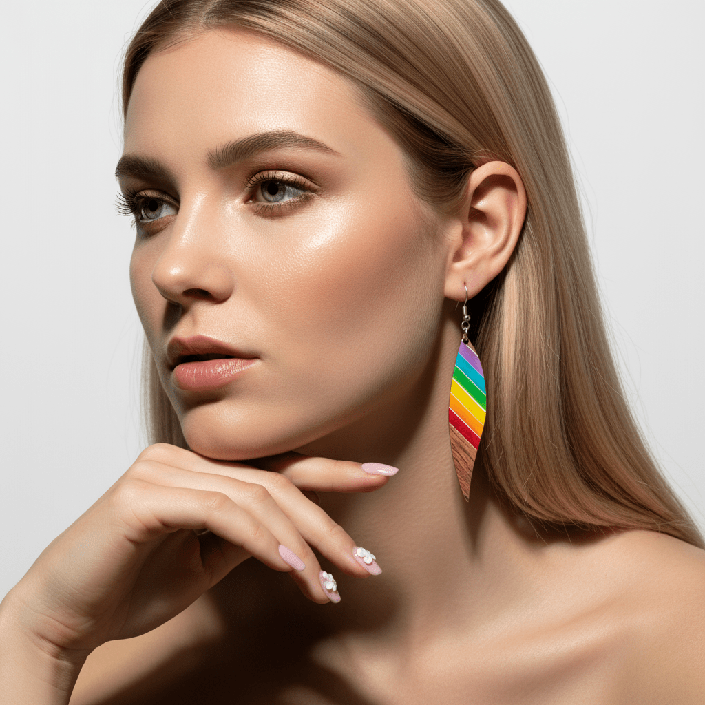 Rainbow Resin & Wood Silvertone Stripped Leaf Hook Earrings