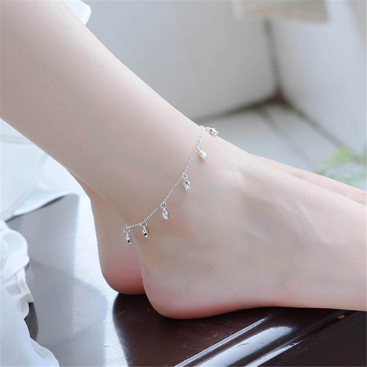 Silvertone Rose Bud Charm Anklet