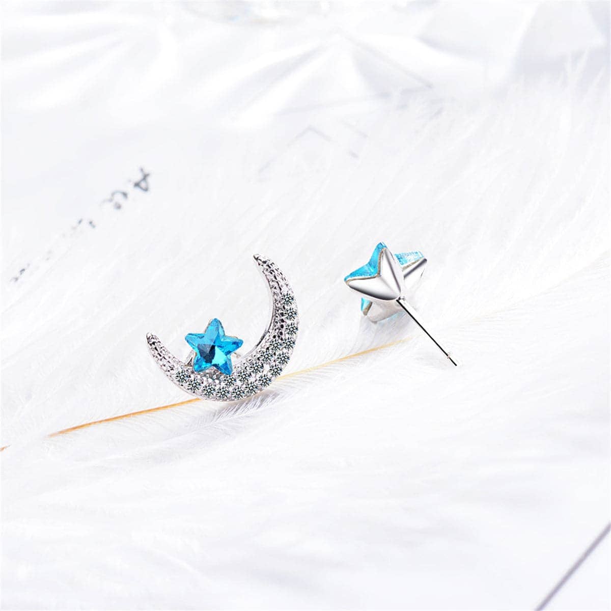 Blue Crystal & Cubic Zirconia Star & Moon Stud Earrings