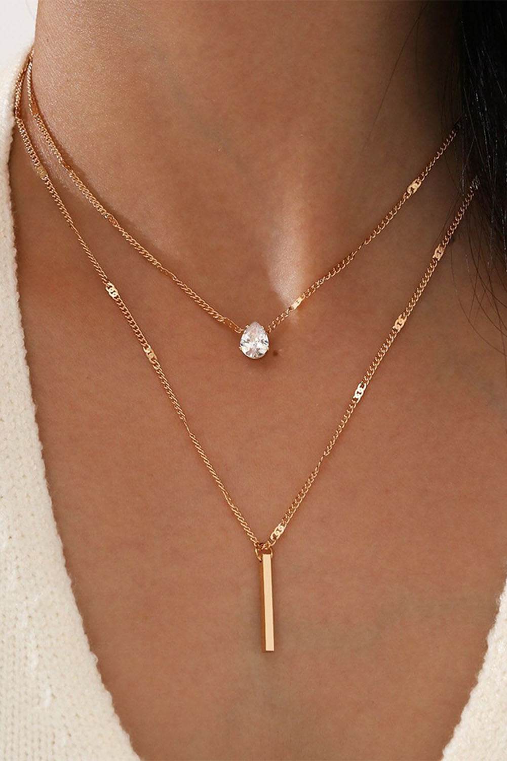 Threaded Pear Gold Layered Rhinestone Pendant Necklace
