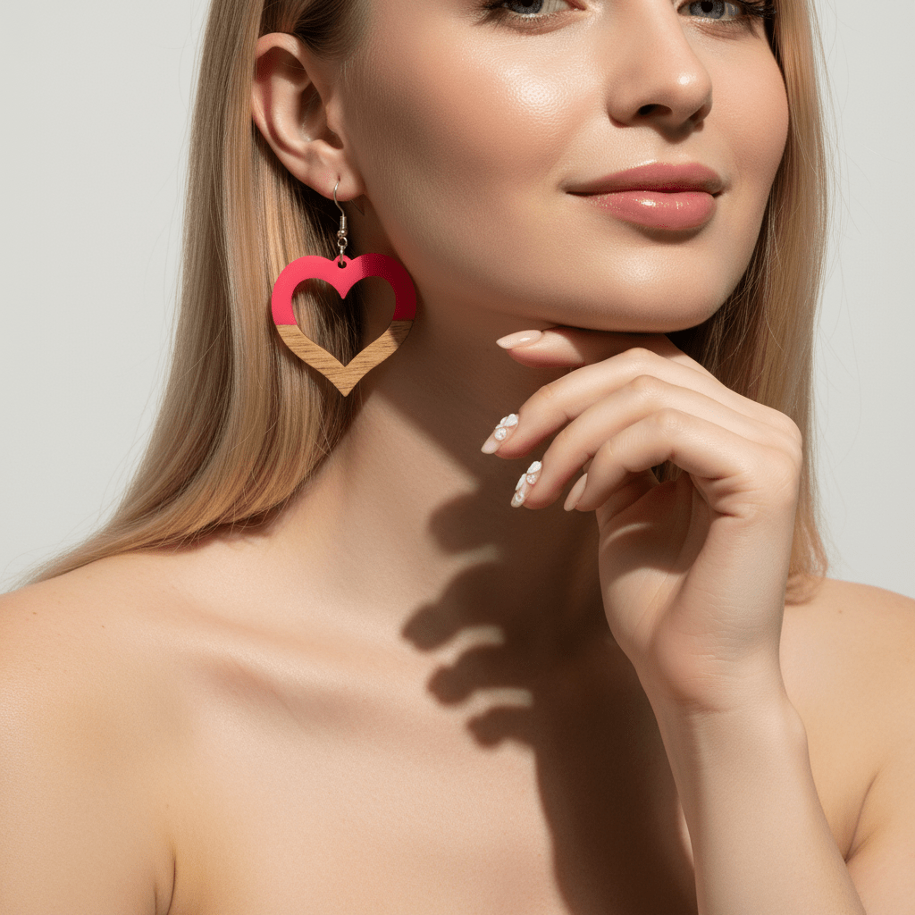 Rose Resin & Wood Silvertone Open Heart Hook Earrings