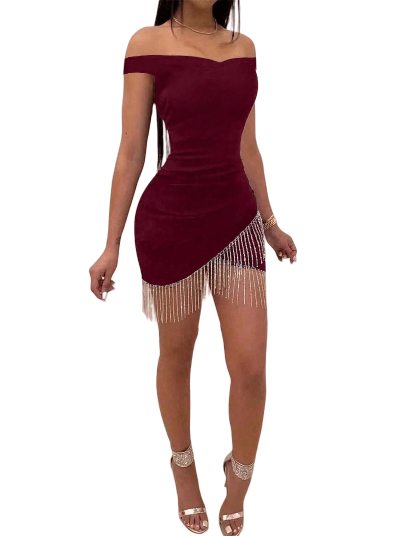 burgundy fringe dress Chic YC Women' Off-the-Shoulder Rhinestone Fringe Mini Dress Party Bodycon Dress Burgundy / XL