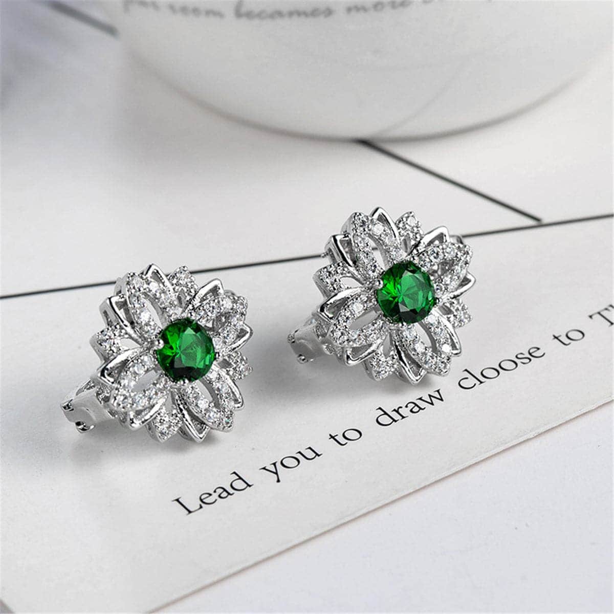 Green Cubic Zirconia & Crystal Flower Stud Earrings