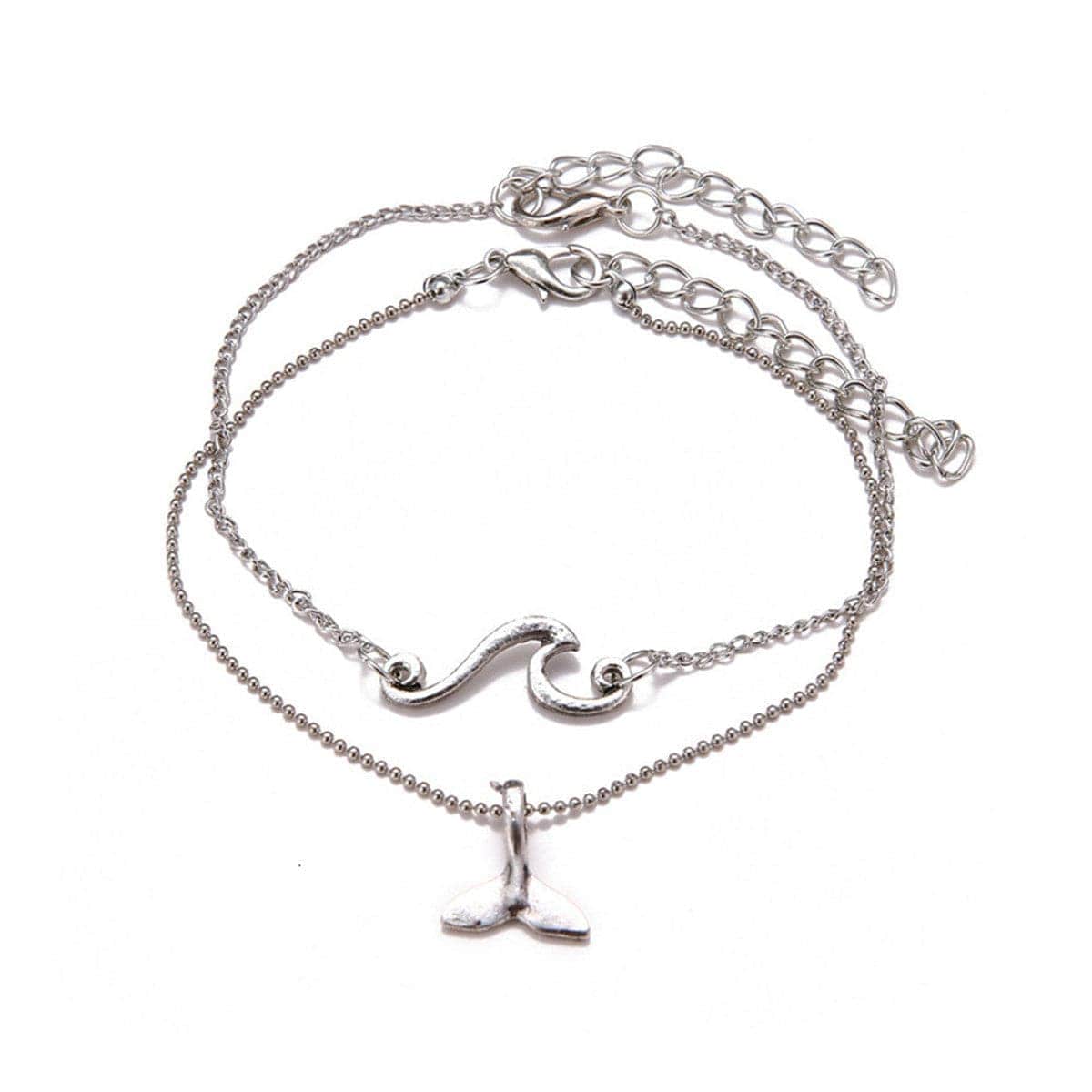 Silvertone Fishtail Charm Anklet & Wave Charm Anklet