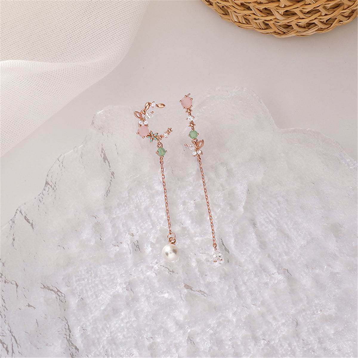 Crystal & Pearl Rose Goldtone Asymmetrical Butterfly Moon Drop Earrings