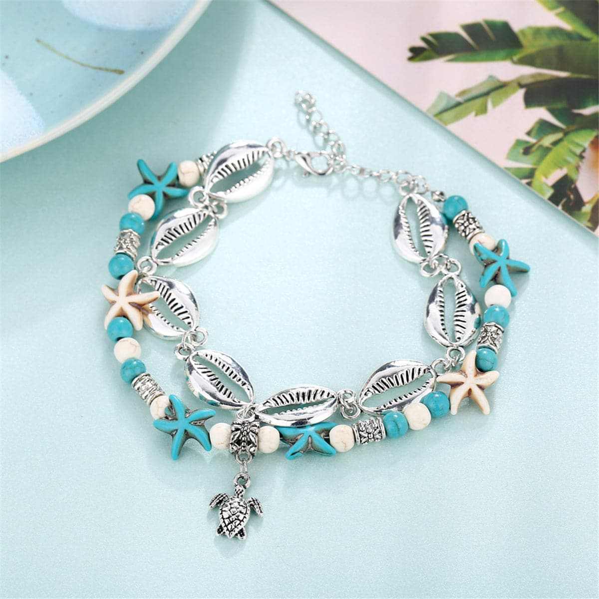Turquoise & Silvertone Sea Lives Charm Anklet
