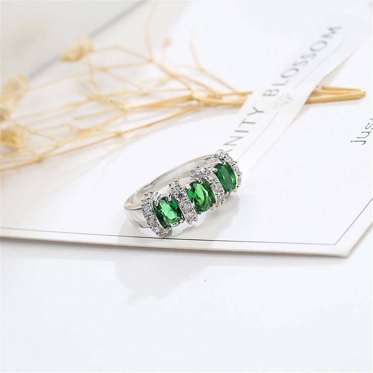 Green Cubic Zirconia & Crystal Bar Ring