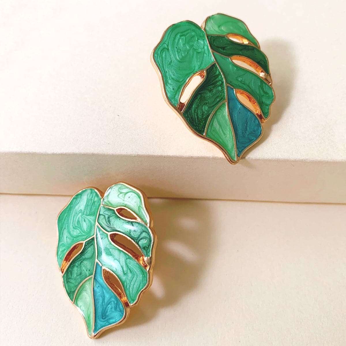 Green & Goldtone Leaf Stud Earrings
