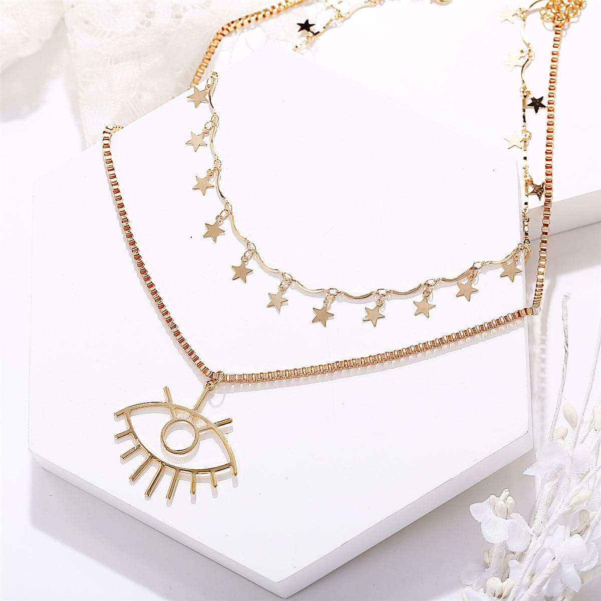 Goldtone Star Eye Pendant Layered Necklace