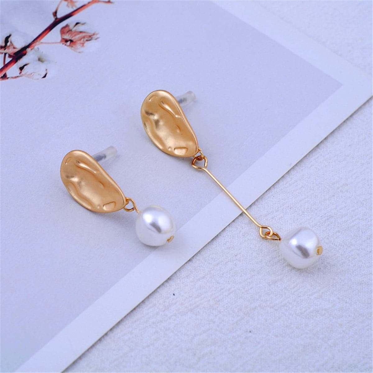 Pearl & Goldtone Asymmetrical Drop Earrings