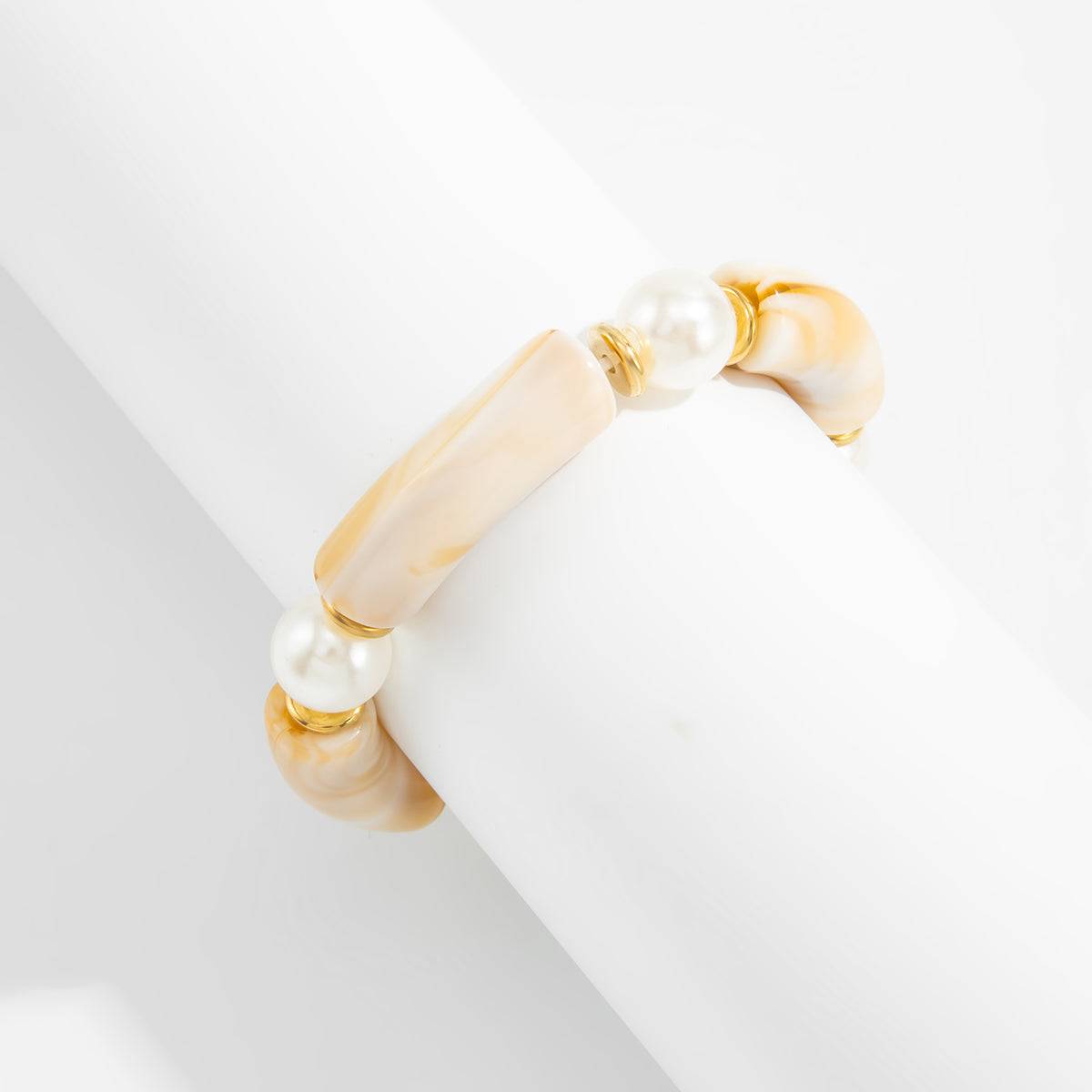 Beige Resin & Pearl Goldtone Sequin Joint Stretch Bracelet