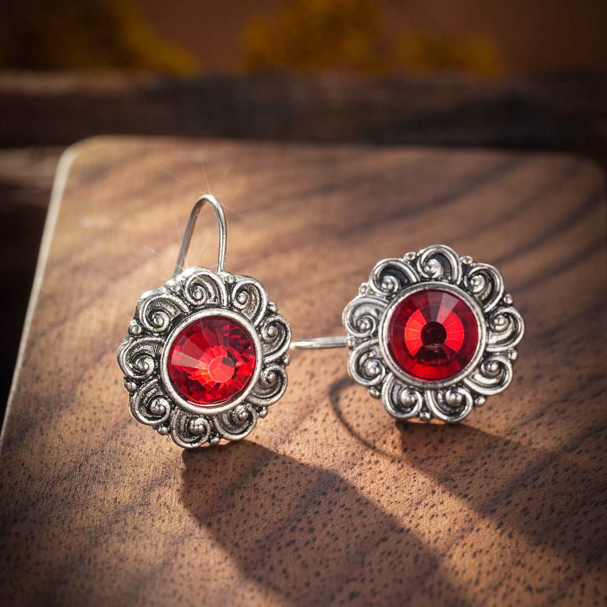 Red Crystal & Silvertone Flower Round Earrings