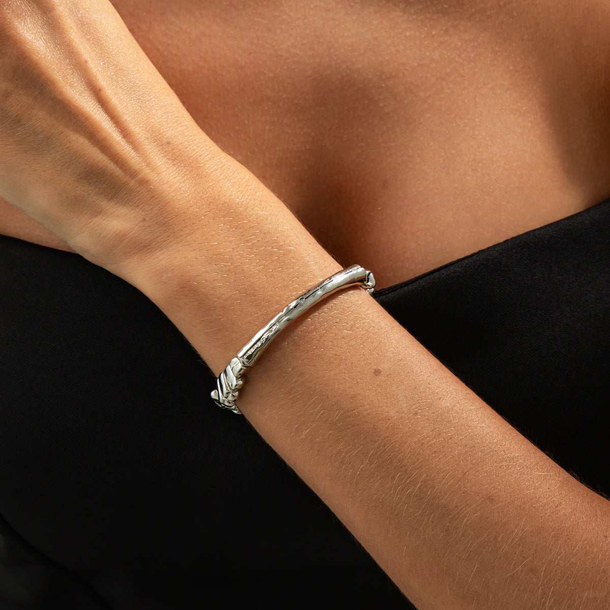 Silvertone Curved Bar Irregular Beads Chain Bracelet