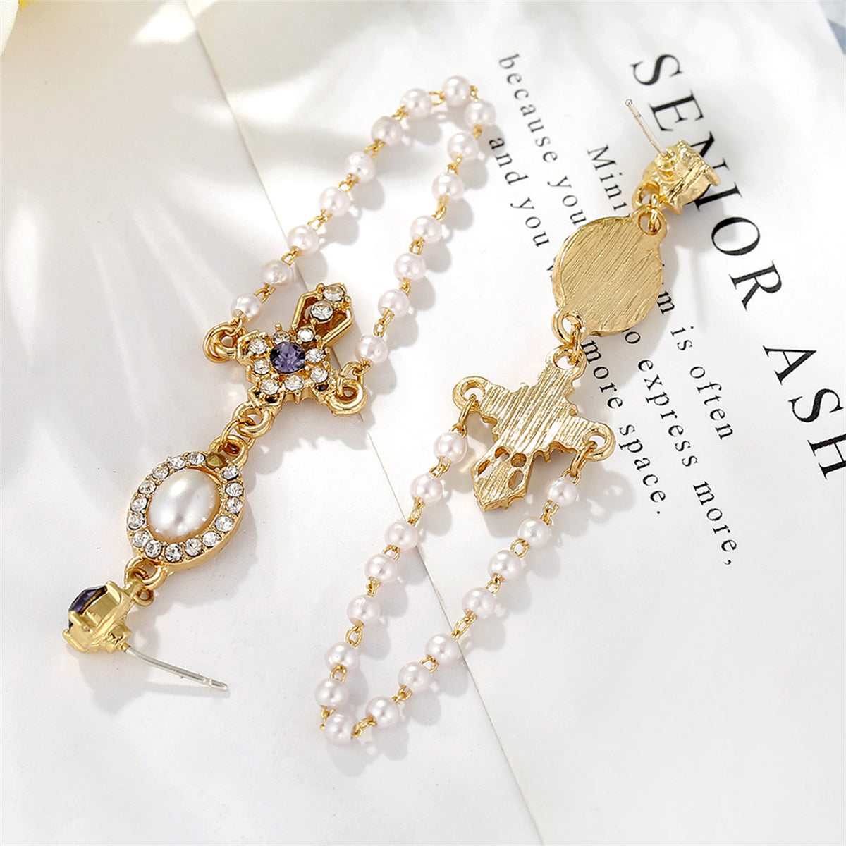 Pearl & Blue Cubic Zirconia Goldtone Cross Chain Drop Earrings