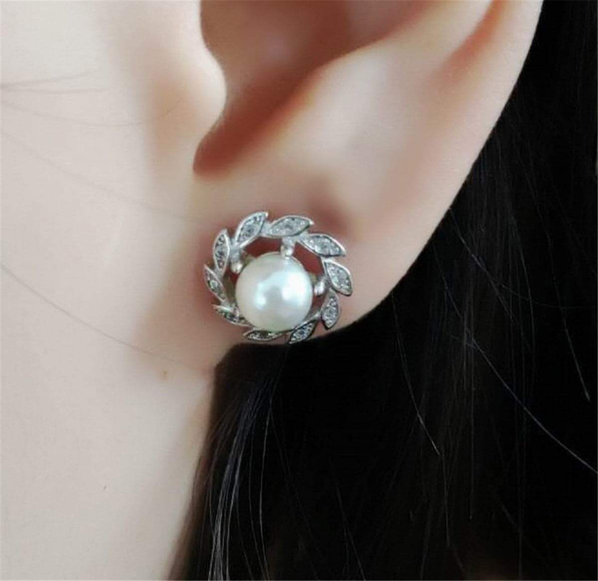 Pearl & Cubic Zirconia Silvertone Leaf Halo Stud Earrings