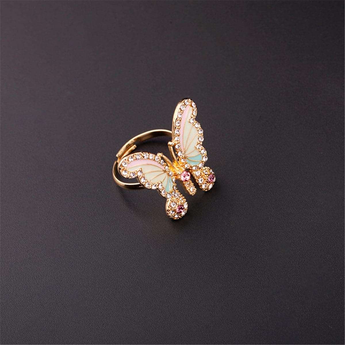 Cubic Zirconia & Enamel Goldtone Pastel Butterfly Adjustable Ring