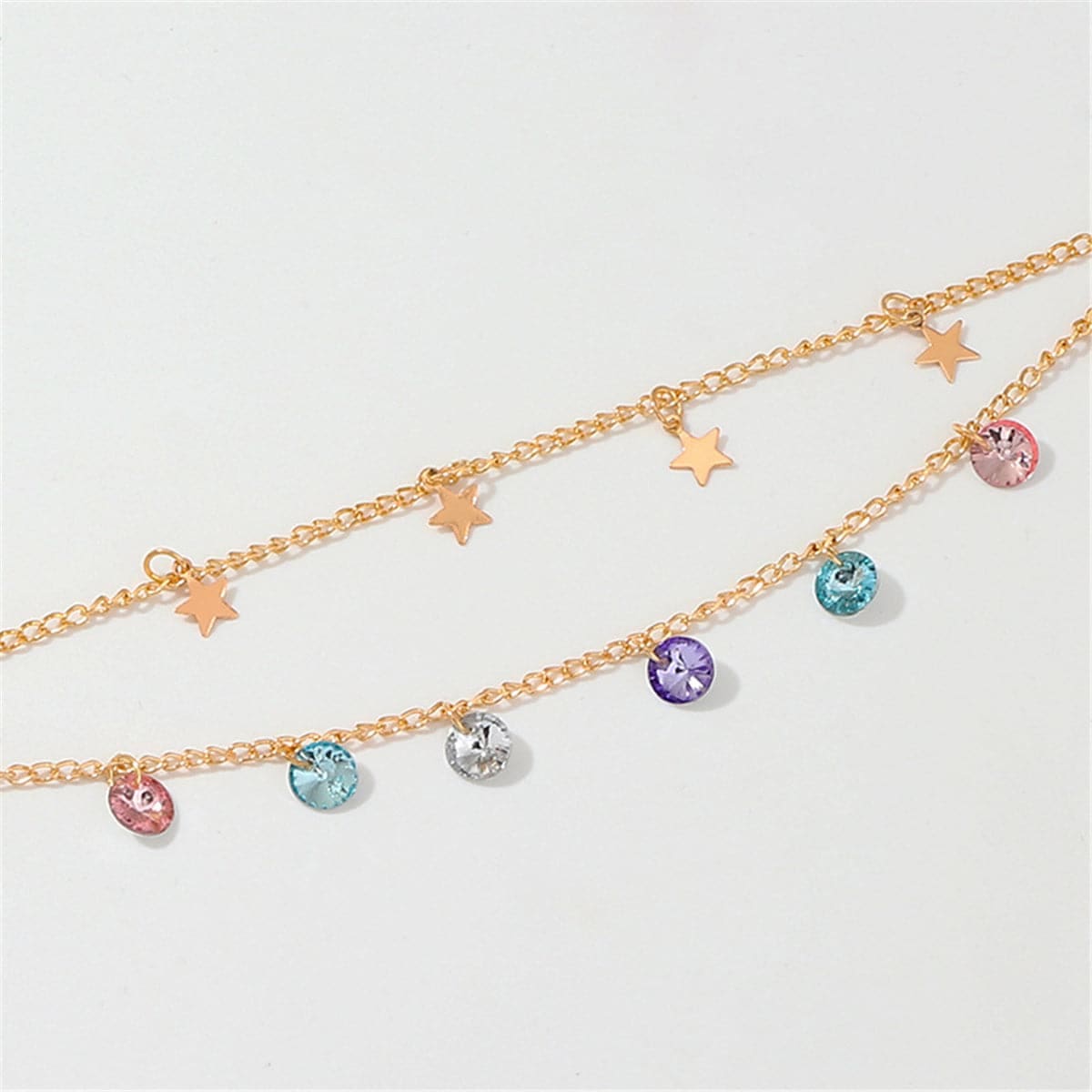 Colored Crystal & Goldtone Star Layered Station Anklet