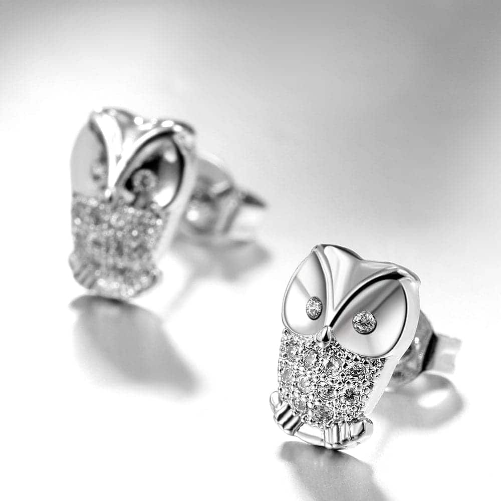 Cubic Zirconia & Silvertone Owl Stud Earrings